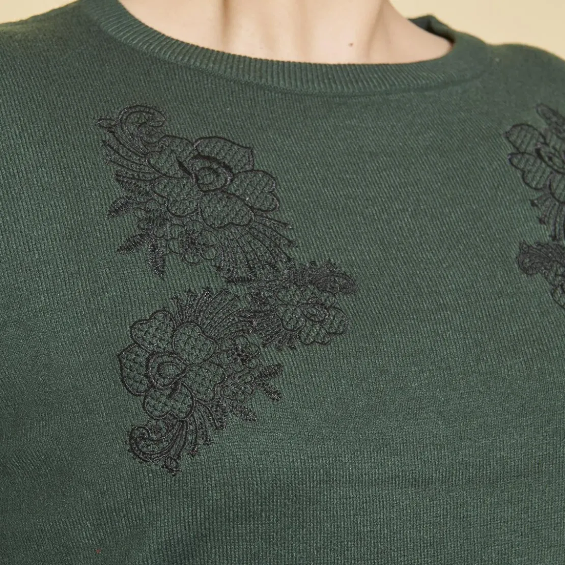 3 SUISSESPull effet 2 en 1 manches longues tissu contrasté et guipure grandes tailles femme - Vert Bouteille
