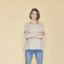 3 SUISSESPull fendu manches longues pièces ajourées femme - Beige