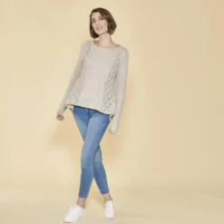 3 SUISSESPull fendu manches longues pièces ajourées femme - Beige