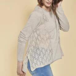 3 SUISSESPull fendu manches longues pièces ajourées femme - Beige