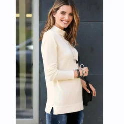 3 SUISSESPull fendu manches longues col montant femme - Ivoire blanc en viscose
