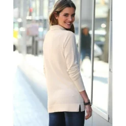 3 SUISSESPull fendu manches longues col montant femme - Ivoire blanc en viscose