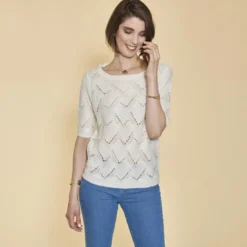 3 SUISSESPull manches aux coudes maille fantaisie aspect mohair femme - écru blanc