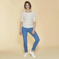 3 SUISSESPull manches aux coudes maille fantaisie aspect mohair femme - écru blanc