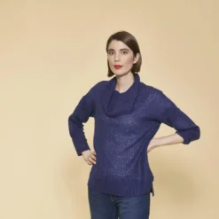 3 SUISSESPull oversize fendu et asymétrique col roulé manches longues femme - Bleu Dur