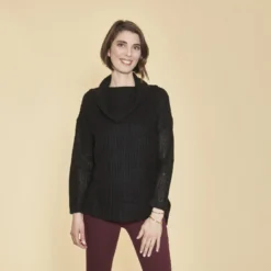 3 SUISSESPull oversize fendu et asymétrique col roulé manches longues femme - Noir