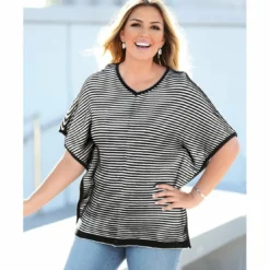 3 SUISSESPull poncho à rayures col en V femme - Blanc gris clair