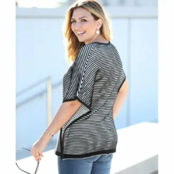 3 SUISSESPull poncho à rayures col en V femme - Blanc gris clair