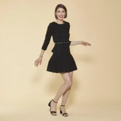 3 SUISSESRobe bas volanté manches 3/4 gigot et ceinture avec perles femme - Noir en coton