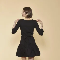 3 SUISSESRobe bas volanté manches 3/4 gigot et ceinture avec perles femme - Noir en coton