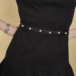 3 SUISSESRobe bas volanté manches 3/4 gigot et ceinture avec perles femme - Noir en coton