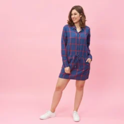 3 SUISSESRobe-chemise manches longues ceinture à nouer à carreaux grandes taille femme - Carreaux Rouge bleu en coton