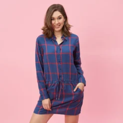 3 SUISSESRobe-chemise manches longues ceinture à nouer à carreaux grandes taille femme - Carreaux Rouge bleu en coton