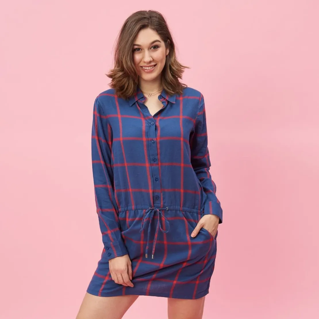 3 SUISSESRobe-chemise manches longues ceinture à nouer à carreaux grandes taille femme - Carreaux Rouge bleu en coton