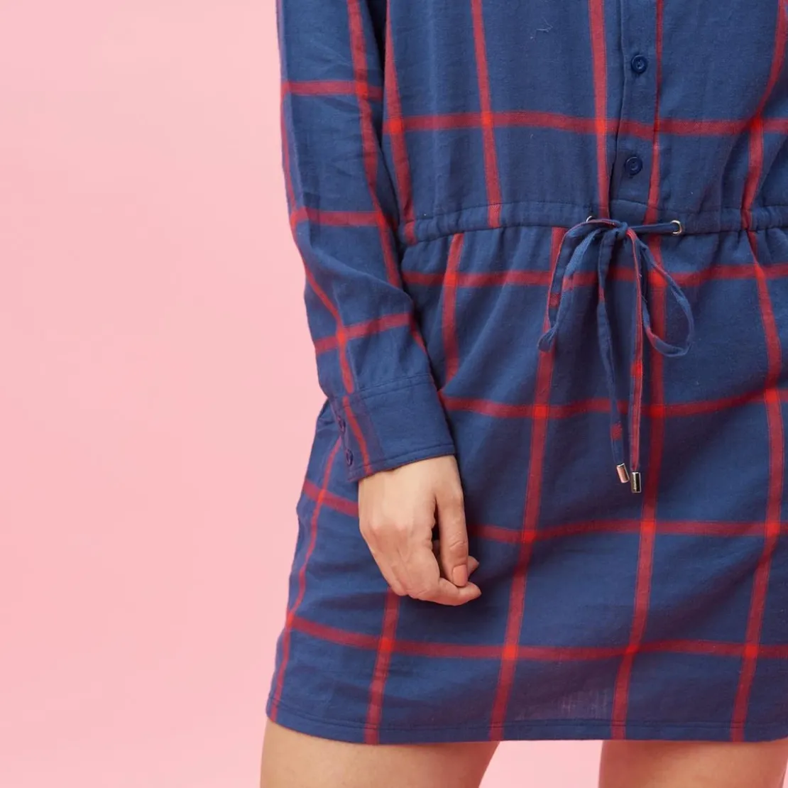 3 SUISSESRobe-chemise manches longues ceinture à nouer à carreaux grandes taille femme - Carreaux Rouge bleu en coton