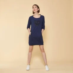 3 SUISSESRobe courte cintrée manches 3/4 bas côtelé et poches femme - Bleu Indigo en coton