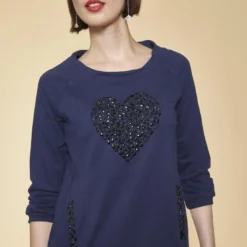 3 SUISSESRobe courte cintrée manches 3/4 bas côtelé et poches femme - Bleu Indigo en coton