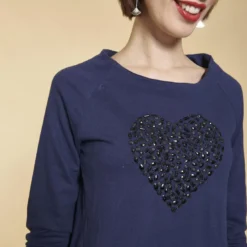 3 SUISSESRobe courte cintrée manches 3/4 bas côtelé et poches femme - Bleu Indigo en coton