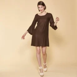 3 SUISSESRobe courte col bateau manches longues imprimé sur bas femme - kaki foncé vert en viscose