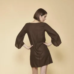 3 SUISSESRobe courte col bateau manches longues imprimé sur bas femme - kaki foncé vert en viscose