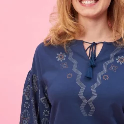 3 SUISSESRobe courte col caftan manches longues avec imprimés femme - Bleu Nuit en coton