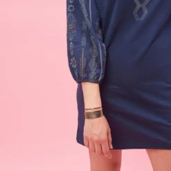 3 SUISSESRobe courte col caftan manches longues avec imprimés femme - Bleu Nuit en coton