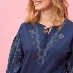 3 SUISSESRobe courte col caftan manches longues avec imprimés femme - Bleu Nuit en coton
