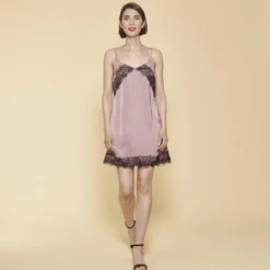3 SUISSESRobe courte fines bretelles ajustables col V et dentelle femme - Rose Pâle