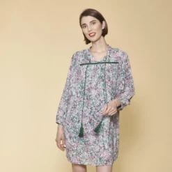 3 SUISSESRobe courte froncée manches longues femme - imprimé vert mousse