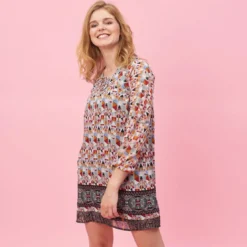 3 SUISSESRobe courte imprimée col V et cordons manches longues élastiquées femme - Imprimé Beige multicolore
