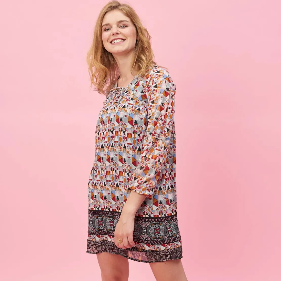 3 SUISSESRobe courte imprimée col V et cordons manches longues élastiquées femme - Imprimé Beige multicolore