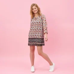 3 SUISSESRobe courte imprimée col V et cordons manches longues élastiquées femme - Imprimé Beige multicolore