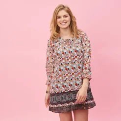 3 SUISSESRobe courte imprimée col V et cordons manches longues élastiquées femme - Imprimé Beige multicolore