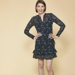 3 SUISSESRobe courte imprimée col mao manches longues bas volanté femme - Imprimé Bleu Indigo