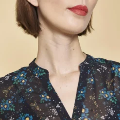 3 SUISSESRobe courte imprimée col mao manches longues bas volanté femme - Imprimé Bleu Indigo