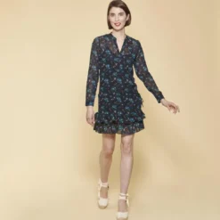 3 SUISSESRobe courte imprimée col mao manches longues bas volanté femme - Imprimé Bleu Indigo