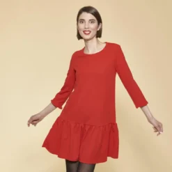 3 SUISSESRobe courte manches 3/4 bas volanté femme - Rouge