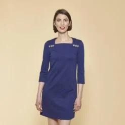 3 SUISSESRobe courte manches 3/4 boutons fantaisie femme - Bleu Dur