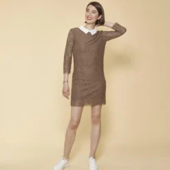 3 SUISSESRobe courte manches 3/4 bas ondulés femme - pois marron