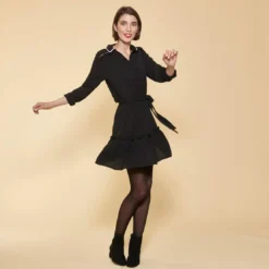 3 SUISSESRobe courte manches longues taille élastique et ceinture contrastée femme - Noir