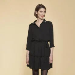 3 SUISSESRobe courte manches longues taille élastique et ceinture contrastée femme - Noir
