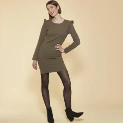 3 SUISSESRobe courte manches longues avec volants femme - Kaki