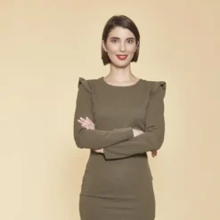 3 SUISSESRobe courte manches longues avec volants femme - Kaki