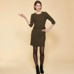 3 SUISSESRobe courte manches 3/4 taille pièce ondulée femme - Kaki