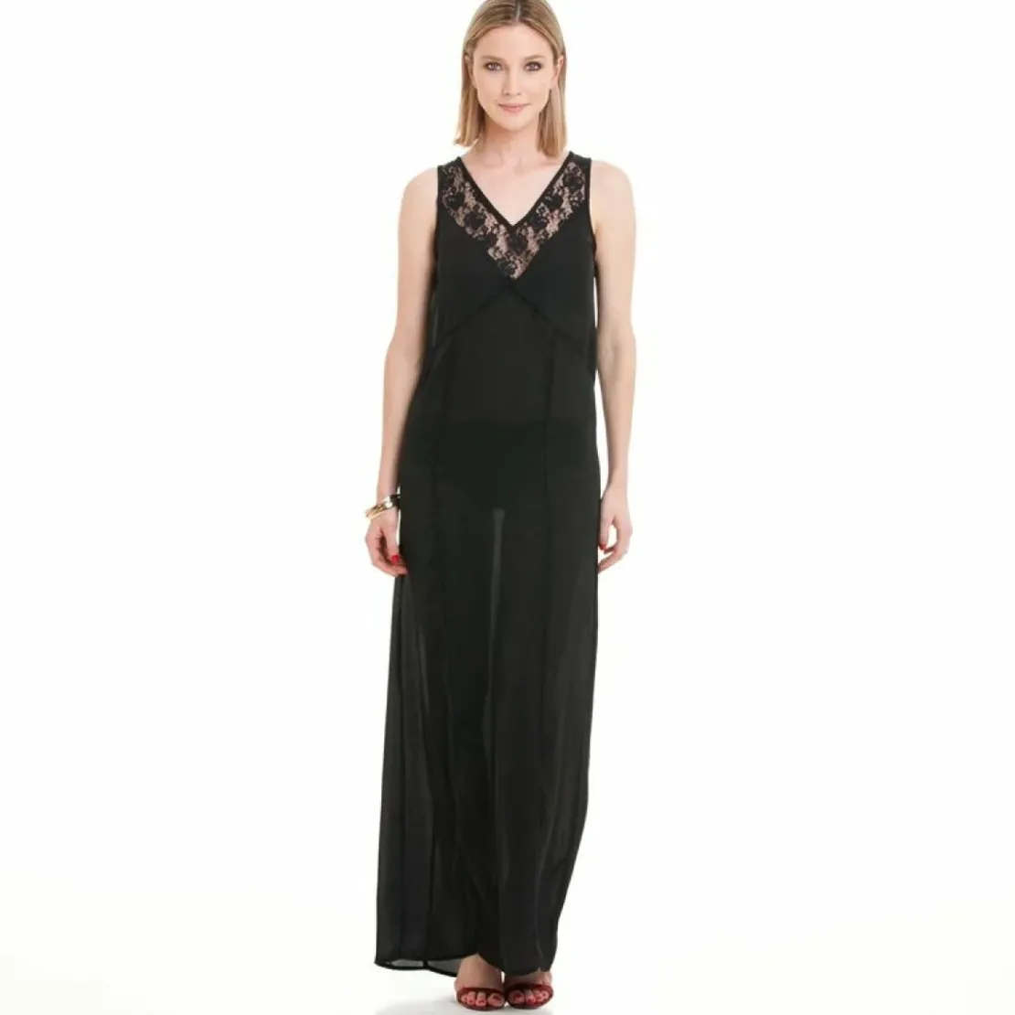3 SUISSESRobe longue sans manches dentelle et galon ajouré femme - Noir