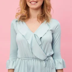 3 SUISSESRobe manches 3/4 ceinture à nouer volants femme - Vert lin