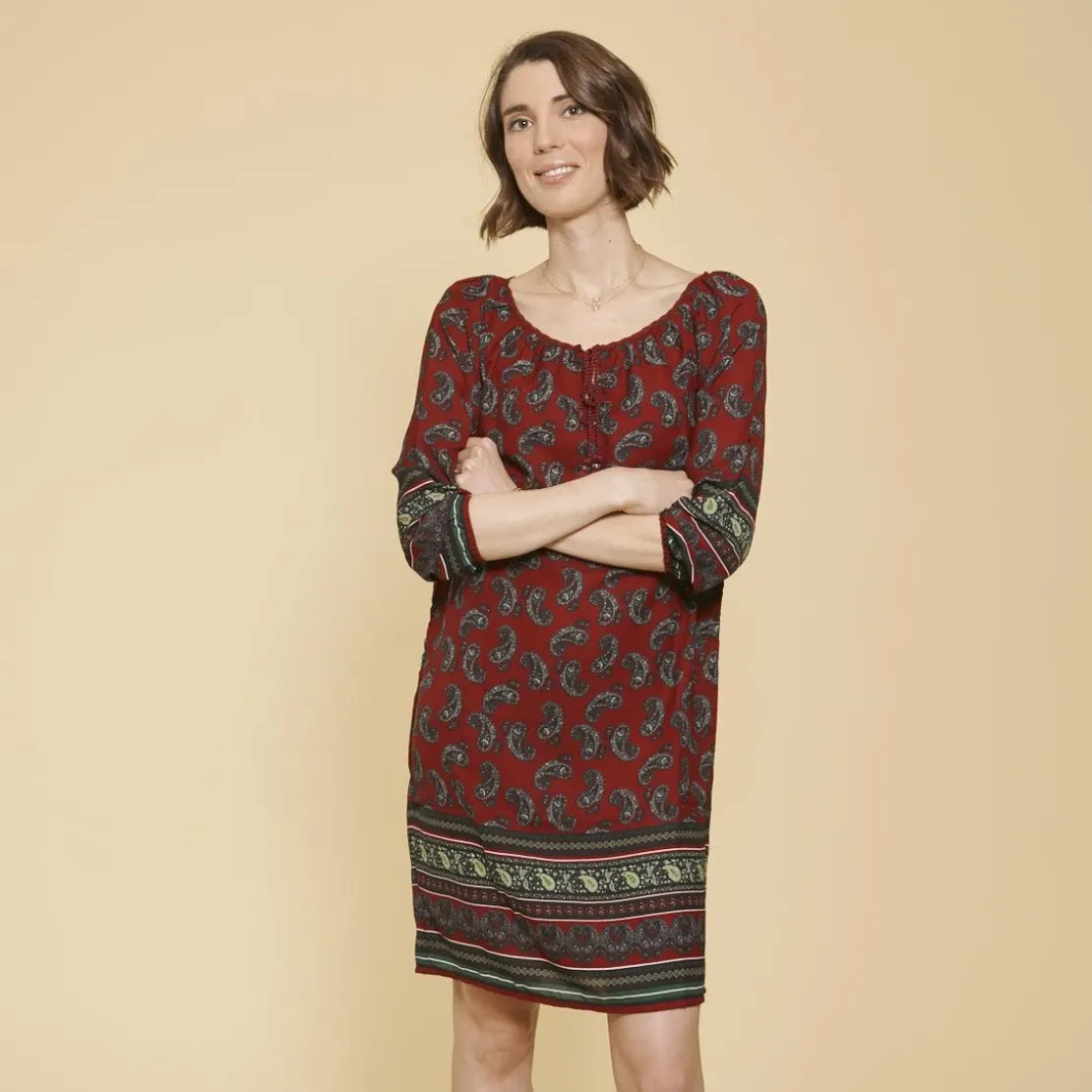 3 SUISSESRobe-tunique col caftan avec dentelle manches 3/4 élastiquées femme - Grenat violet