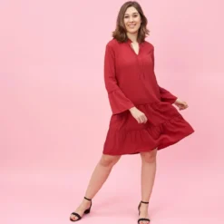 3 SUISSESRobe à volants et pinces manches longues femme - Rouge