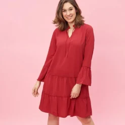 3 SUISSESRobe à volants et pinces manches longues femme - Rouge
