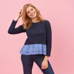 3 SUISSESSweat manches longues double volant sur bas femme - Bleu noir en viscose